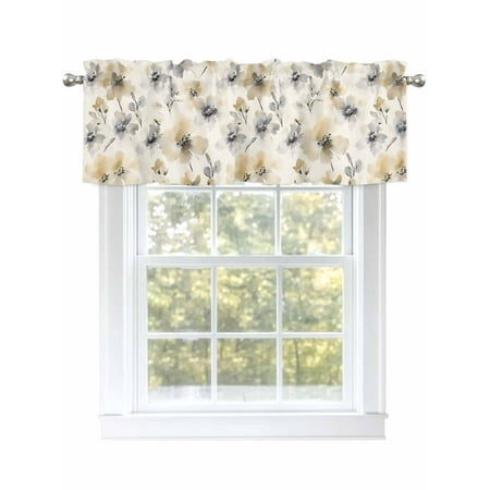 Vintage Retro Flower Valances for Windows Rod Pocket Kitchen Valance Curtains - Soft & Washable Small Window Treatment for Living Room Bathroom Yellow Grey 54x18inch