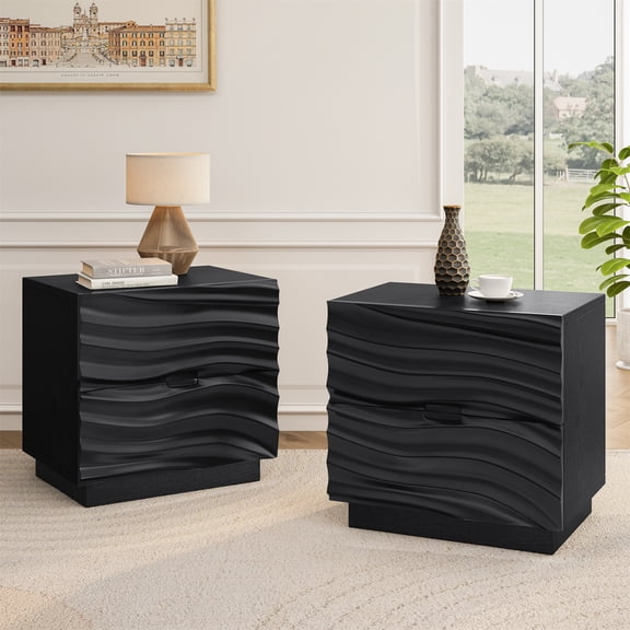 Solid Wood Nightstands Set of 2, Bedside Table with 2 Drawers, No Handles, Sofa End Table for Living Room, Bedrooms,Black