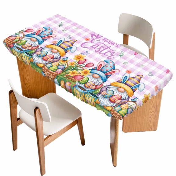 Easter Gnomes Bunnies Table Cloths for 3 Foot Rectangle Tables, Spring Easter Eggs Floral Purple Plaid Patio Waterproof Elastic Fitted Tablecloths, Washable Rectangular Table Cover for Camping