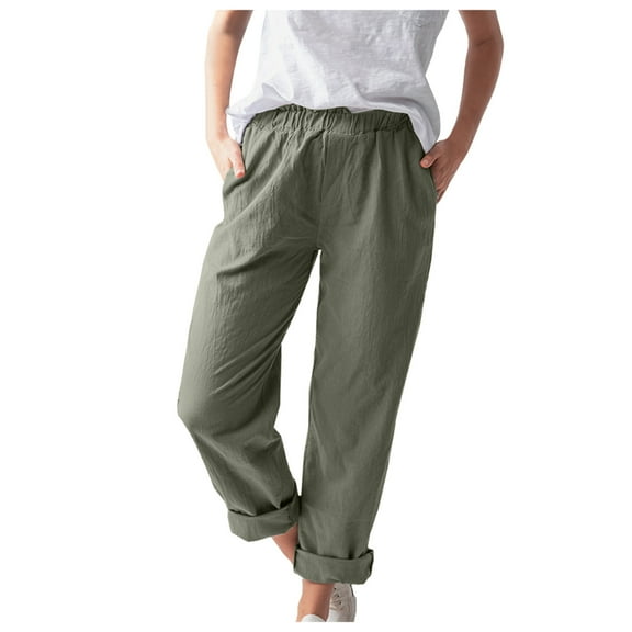 iOPQO Women's Casual Pants linen pants for women Women Solid Tightness Cotton Linen Trousers Pocket Casual Pants Clothes Green L