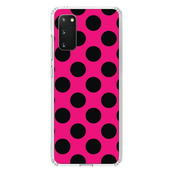 DistinctInk Clear Shockproof Hybrid Case for Galaxy S20 / S20 5G (6.2" Screen) - TPU Bumper, Acrylic Back, Tempered Glass Screen Protector - Black & Hot Pink Polka Dots