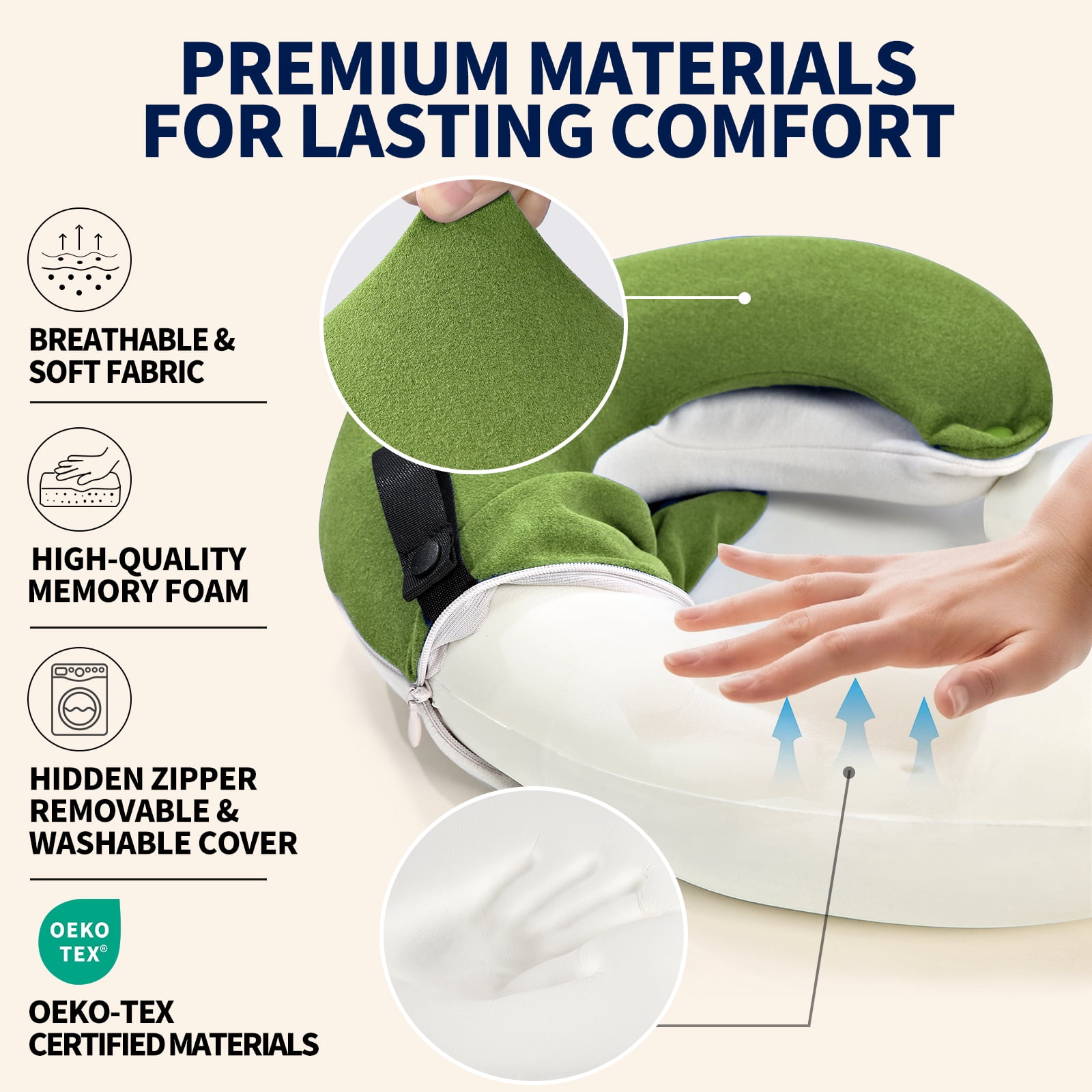 BUYUE Travel Neck Pillows for Airplanes, 360° Head Support Sleep for Long Flight, Skin-Friendly & Breathable, Kit with 3D Contoured Eye Mask, Earplugs and Storage Bag (Adult, Green, 90+ lbs)