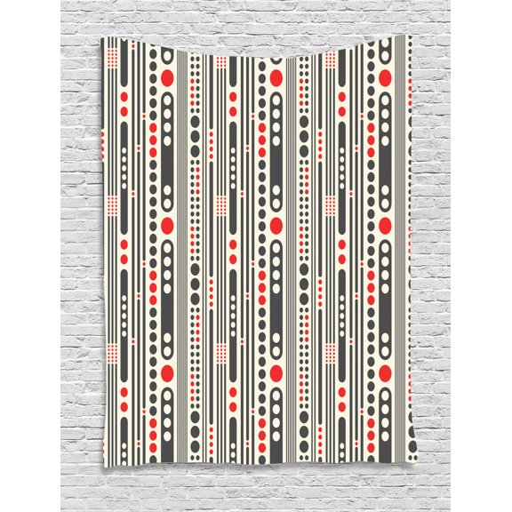 Modern Tapestry, Vertical Stripes and Circles Minimal Geometrical Graphic Design, Wall Hanging for Bedroom Living Room Dorm Decor, 40W X 60L Inches, Charcoal Grey Scarlet Cream, by Ambesonne
