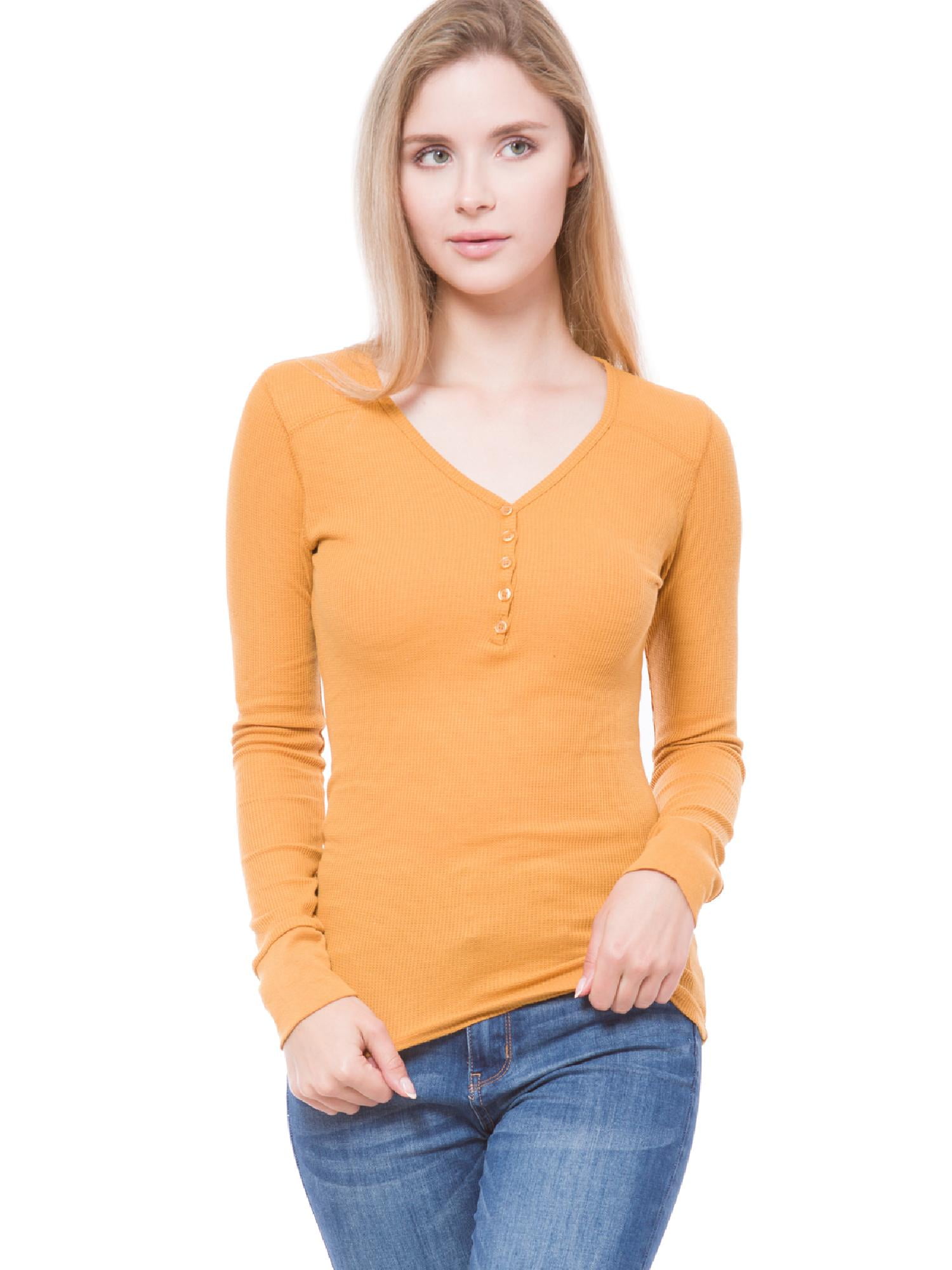 MixMatchy Women's Solid Long Sleeve VNeck Half Button Down Thermal