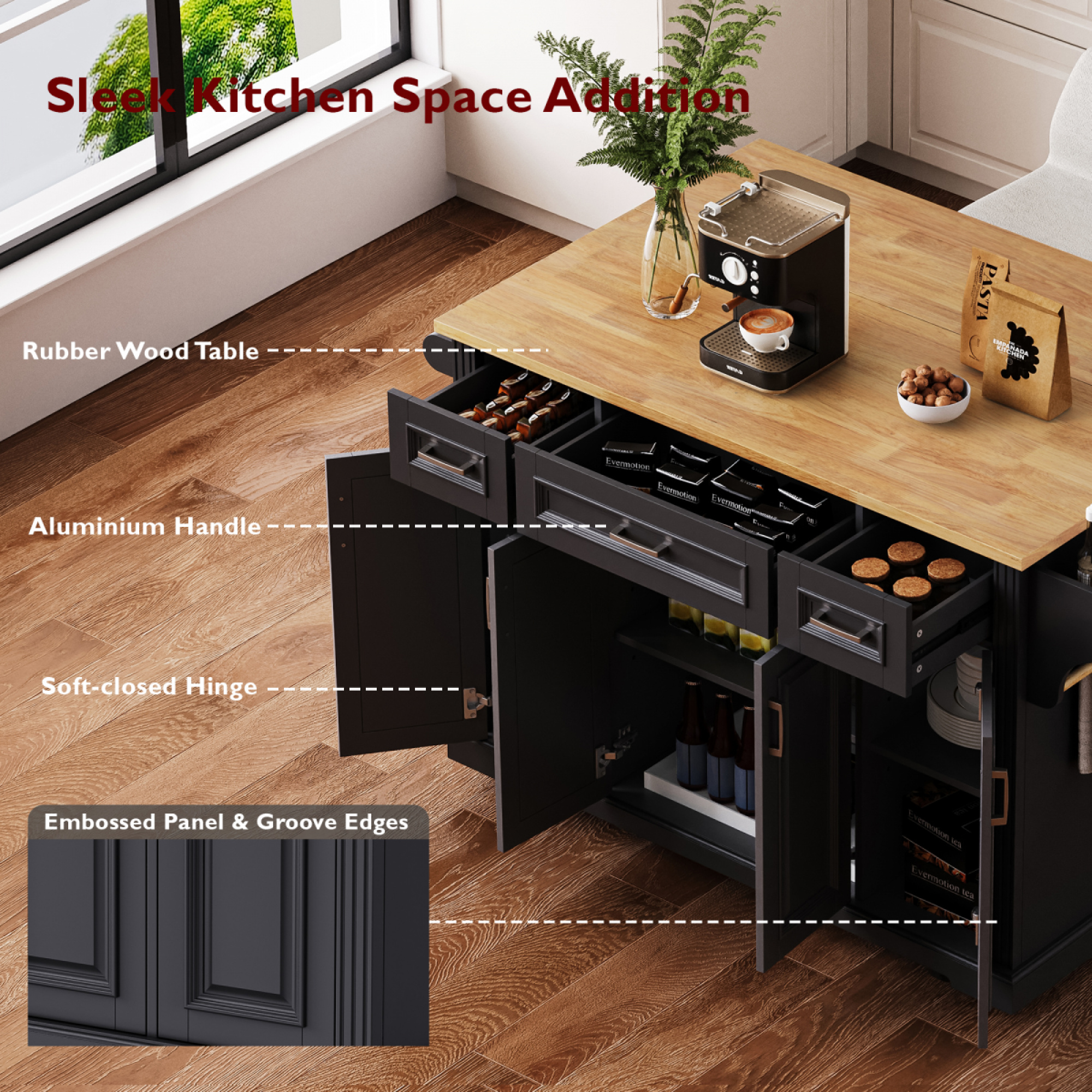 54 Inch Rolling Kitchen Island Cart - Rubber Wood Drop Leaf, Embossed Texture, 4 Doors 3 Drawers Storage for Kitchen Dining,Black