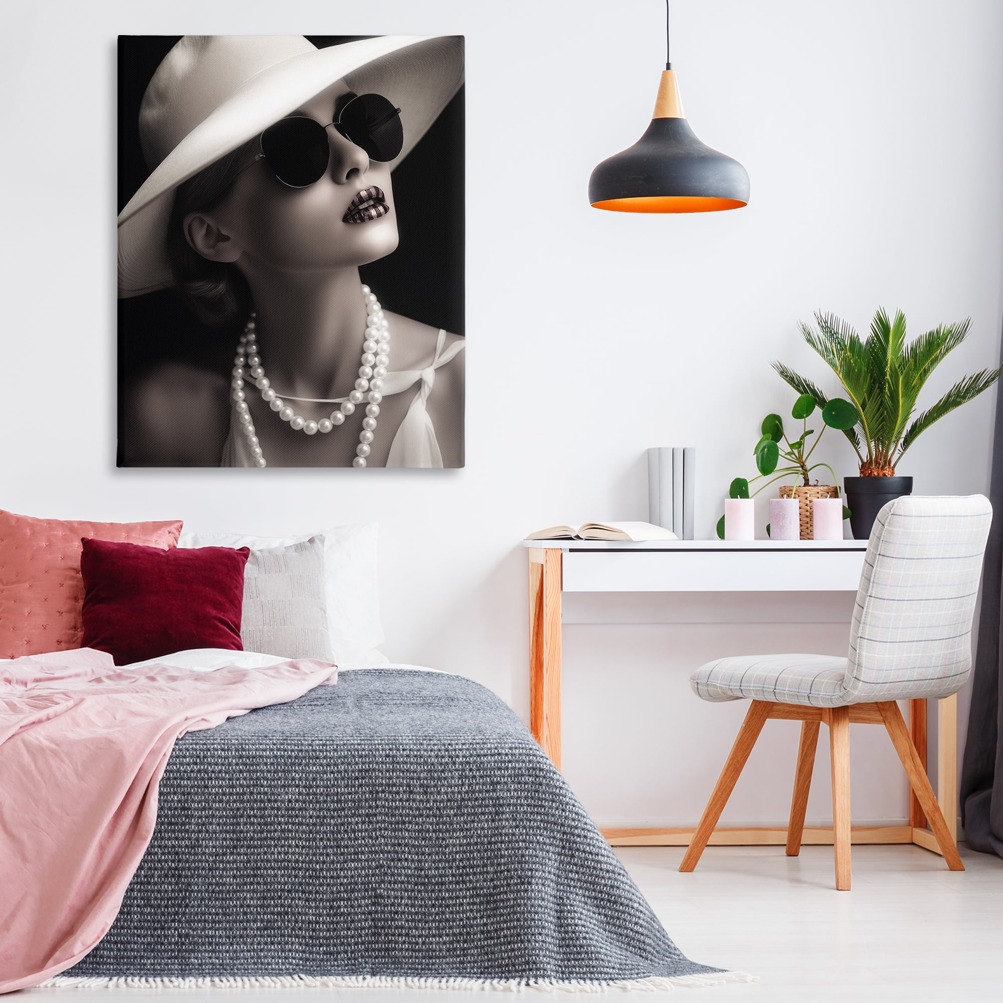 Stupell Industries Trendy Girl with Striped Lips Novelty Painting Gallery Wrapped Canvas Art Print Wall Art, 36 x 48