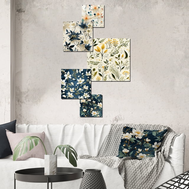 Designart "Garden Spheres In Stillness" Floral Wall Art Set Of 5 - White Cottage Wall Living Room Decor Set
