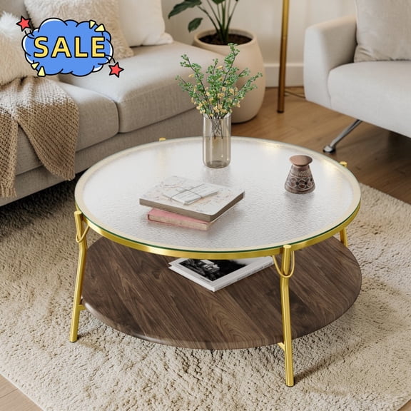 Hassch 29.9" Round Coffee Table with Glass Top, Modern Cocktail Table with Storage Shelf, Center Table with Metal Frame for Living Room, Gold & Walnut