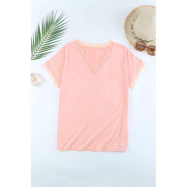 ABPHQTO Top rosa de manga corta con ribete de encaje y cuello en V para mujer