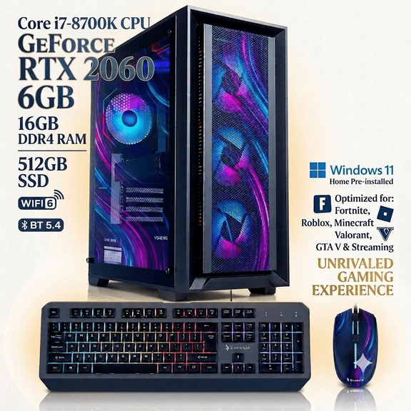 Gaming PC Desktop Computer Intel i7-8700K, RTX 2060 6GB, 16GB DDR4 RAM, 512GB SSD Wifi 6, Bluetooth 5.4, Windows 11, RGB Air Cooling Prebuilt PC