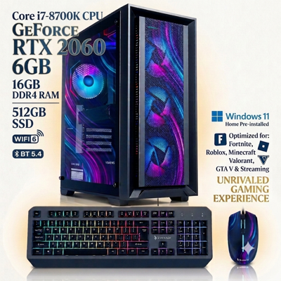 Gaming PC Desktop Computer Intel i7-8700K, RTX 2060 6GB, 16GB DDR4 RAM, 512GB SSD Wifi 6, Bluetooth 5.4, Windows 11, RGB Air Cooling Prebuilt PC
