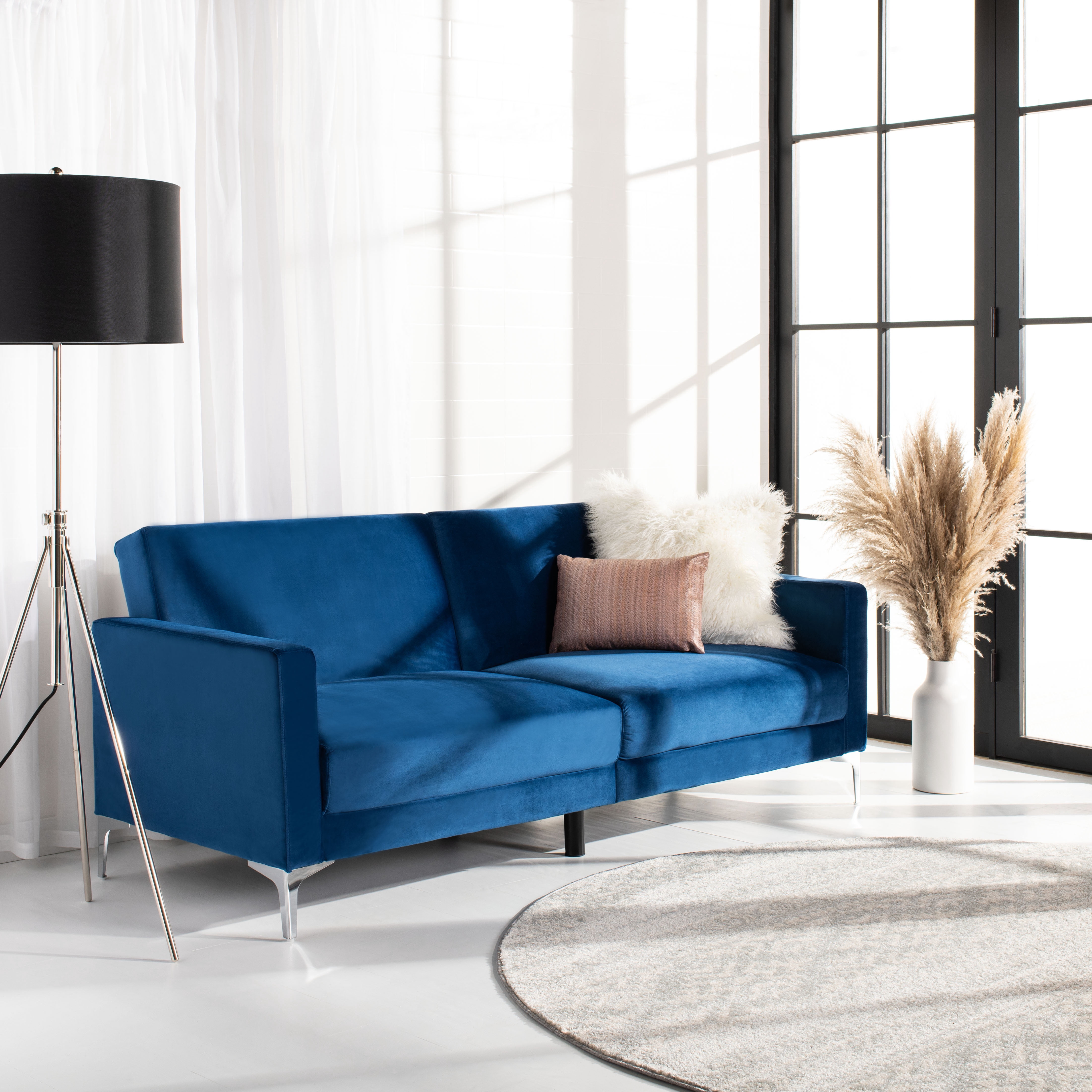 SAFAVIEH Chelsea Transitional Foldable Futon Bed, Navy/Chrome ( 79.1 in. W x 33.1 in. D x 32.7 in. H)