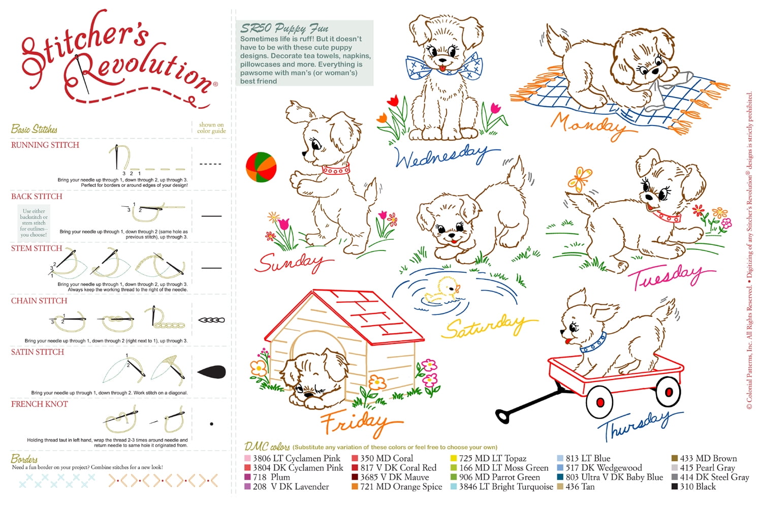 (3 pack) Stitcher's Revolution Puppy Fun Iron-on Transfer Pattern for Embroidery