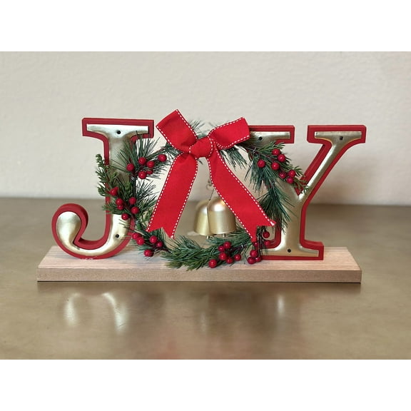 Christmas JOY Tabletop Sign Decoration 15" x 7." – Wood & Metal Holiday Block Letters With Red Bow Green Pine Red Berries & Gold Bells – Farmhouse Christmas Mantel Table Décor Accent