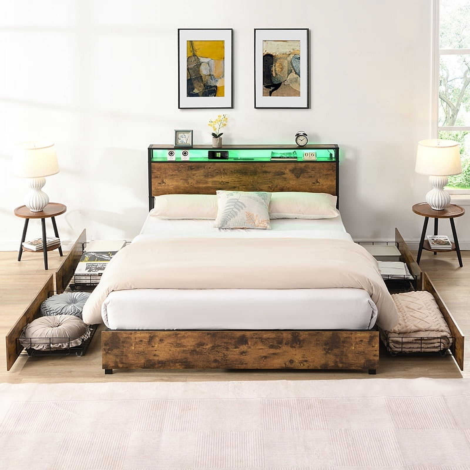 Yoneston LED Light Full Metal Platform Bed Frame with 2-Tier Storage USB Charging Station Headboard and 4 Large Side Drawers for Kids Teens Adults, Brown