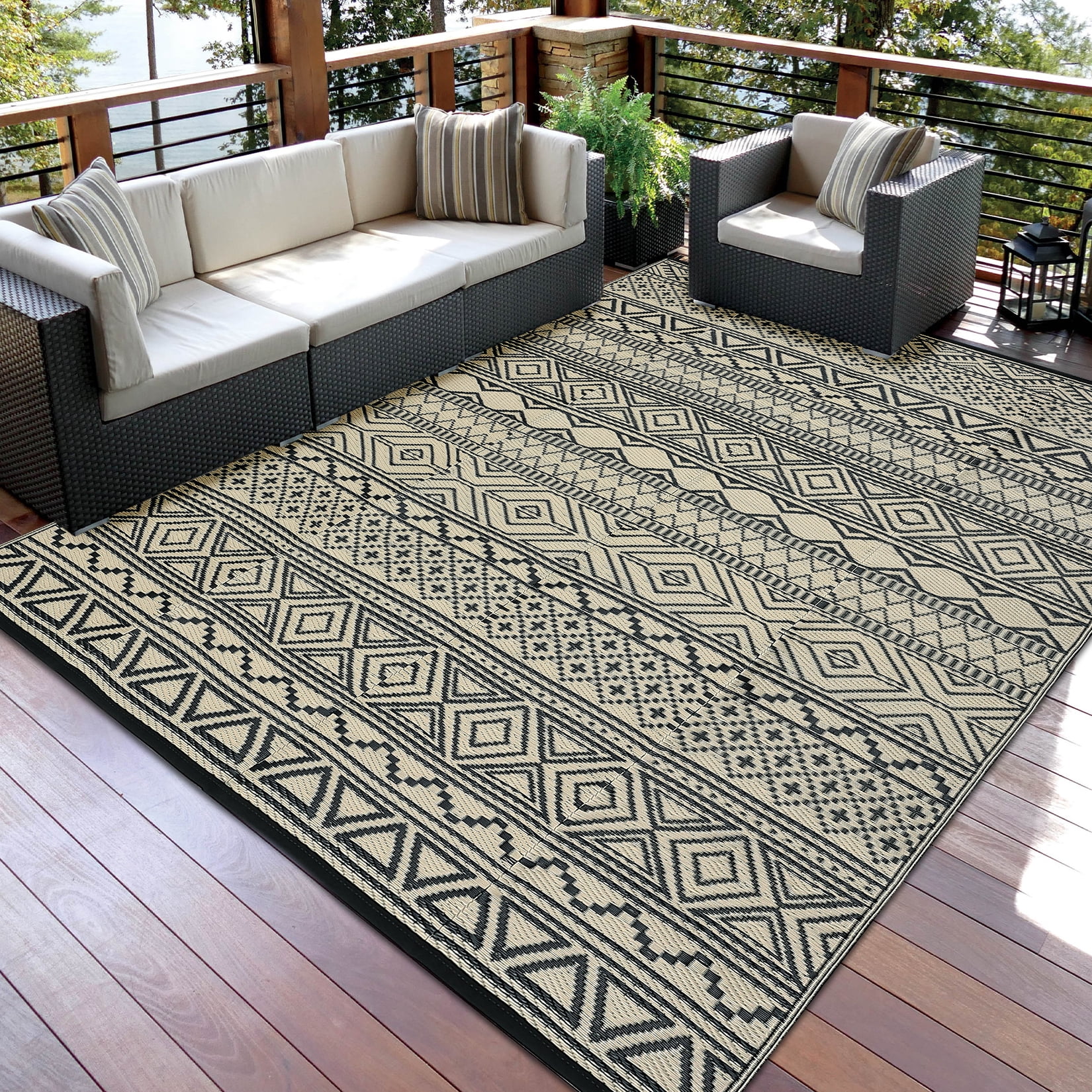 COZONY 9x12 ft Outdoor Rug, Reversible Waterproof Outdoor Carpet, UV & Fade Resistant, Portable for Garden, Terrace, Black Coffee