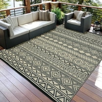 HOMERRY Geometric Outdoor Rug Straw Plastic Area Rug for Balcony Pool RV Waterproof Reversible Carpet, Brown/Black, 6'x 9'