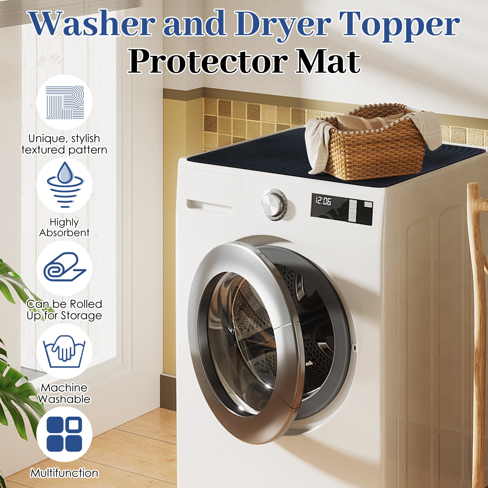 2-Pack Washer and Dryer Top Cover, 23.62" x 23.62" Diatom Mud Laundry Mat – Non-Slip Rubber Base Countertop Topper for Washer & Dryer (Black)