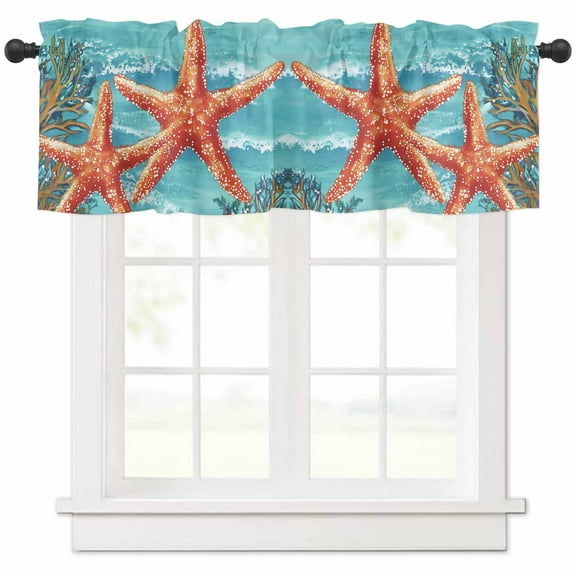 Coastal Starfish Valances for Windows Farmhouse Kitchen Curtains Valances Rod Pocket Valance Curtains for Kitchen Windows Teal Summer Beach Ocean Coral Window Valances for Bathroom Bedroom 60"x18"