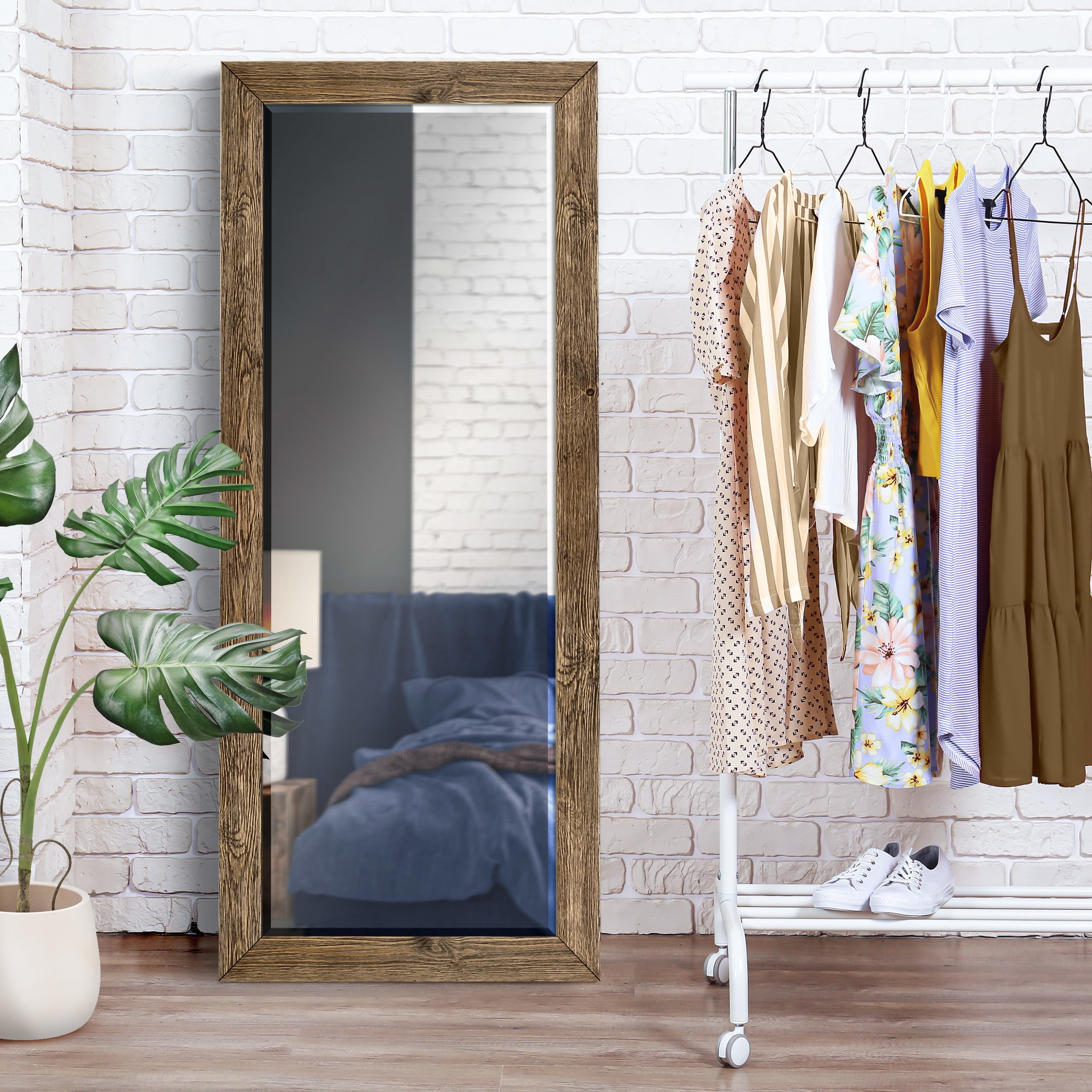 25 in. W x 61 in. H Framed Rectangle Beveled Edge Wood Full Length Mirror in Walnut