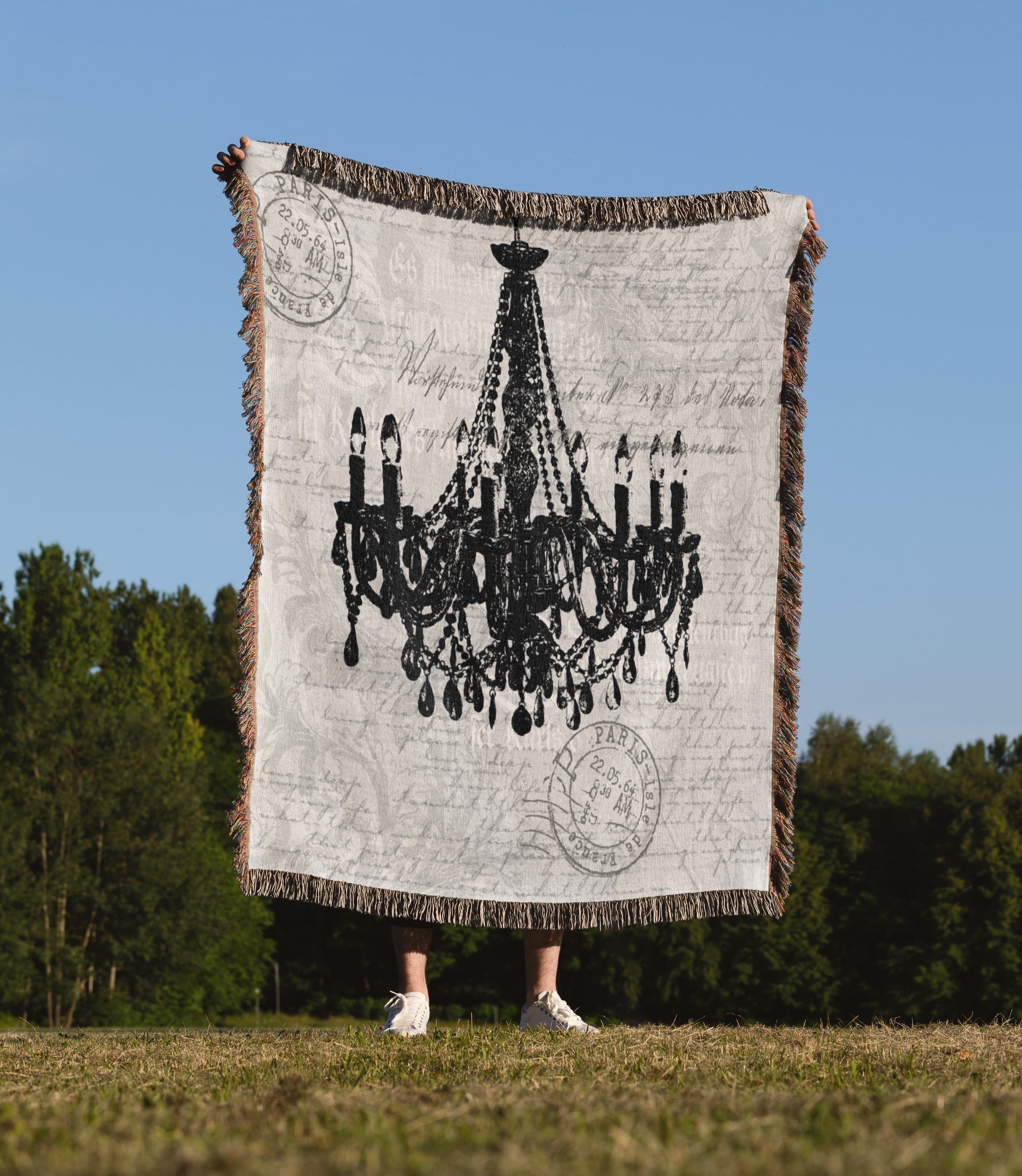 Nostalgic Chandelier Illustration In Light Grey, Woven Blanket