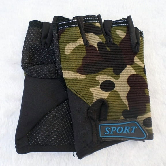 1 Pair Kids Children Bike Bicycle Cycling Half Finger Fingerless Sports Gloves Green Camouflage