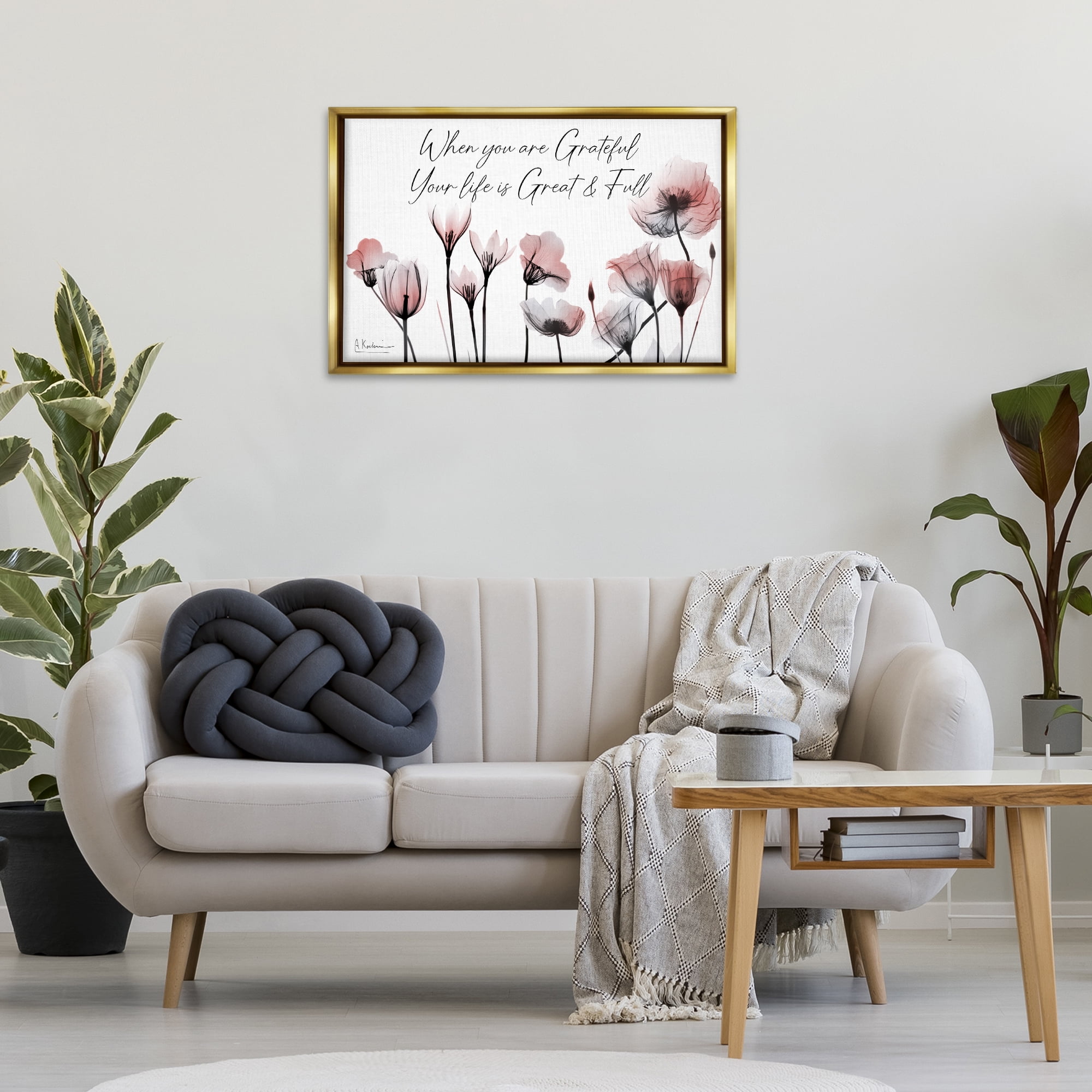 Stupell Industries Grateful Faith Floral Religious Painting Gold Floater Framed Art Print Wall Art, 31 x 21