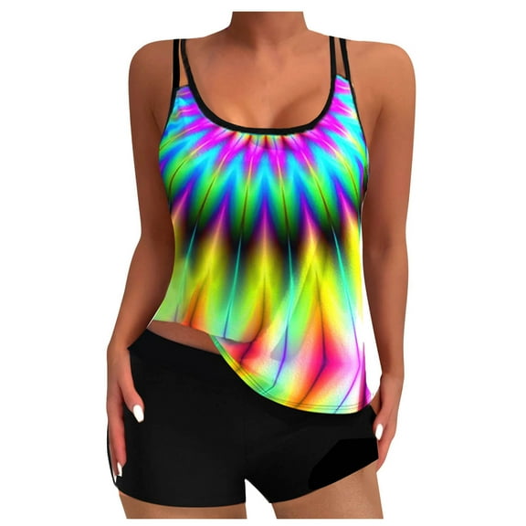 Atogsazn Plus Size Swimsuit for Women with Swim Shorts Two Piece Bathing Suits Tankini Print Tank Top Swimwear Yellow XXXXL