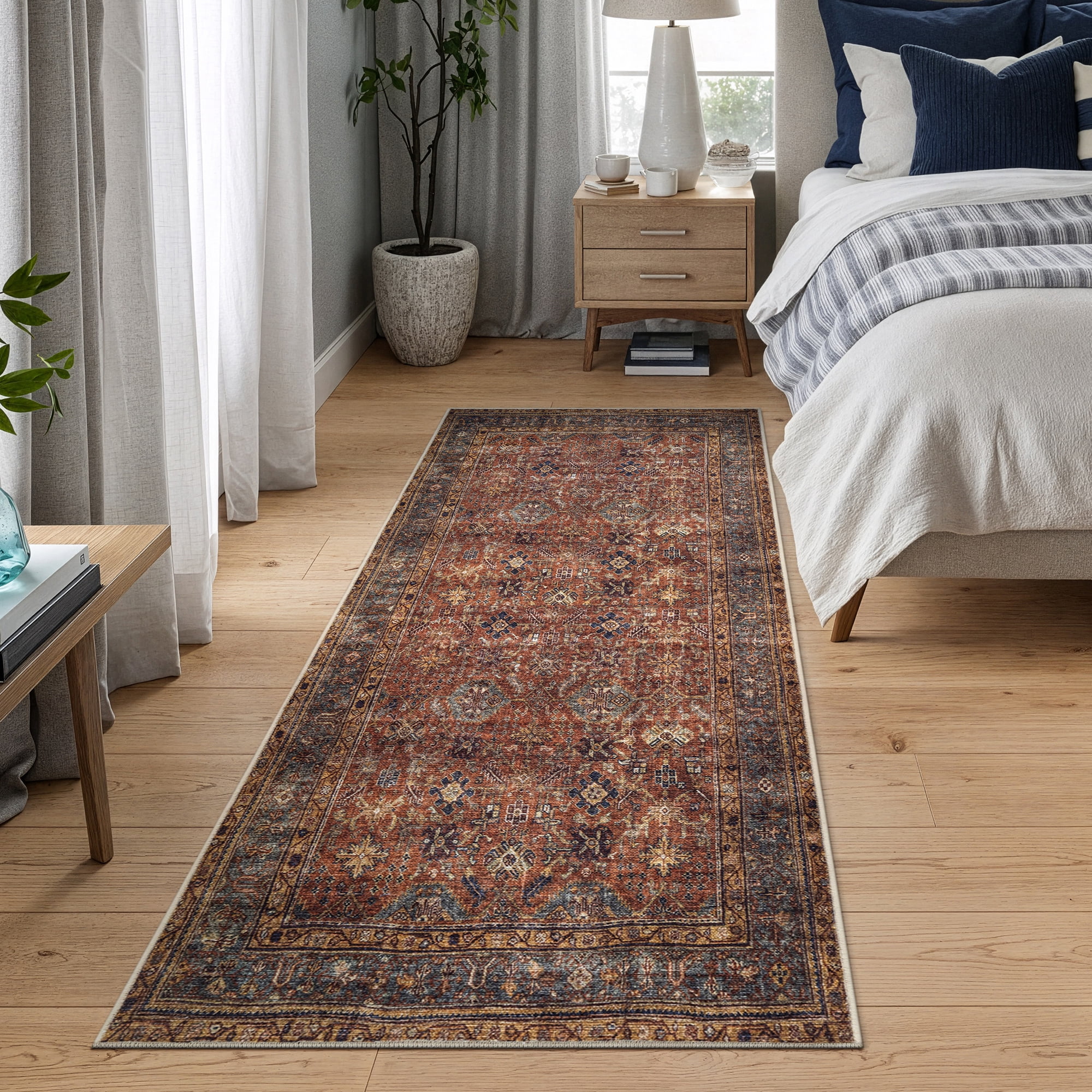 Bloom Rugs Washable Non-Slip 7 ft Runner - Terracotta / Mustard Traditional Oriental Runner for Entryway, Hallway, Bathroom, and Kitchen - Exact size: 2.5' x 7'
