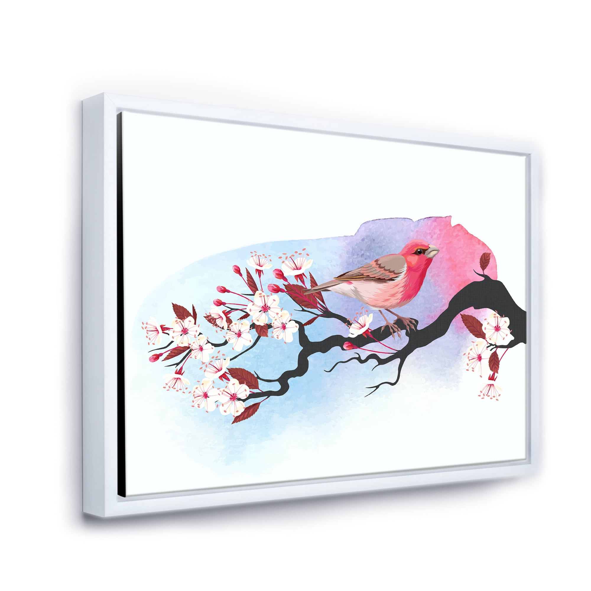 Designart 'Pink Bird Sitting On Cherry Branch' Traditional Framed Canvas Wall Art Print