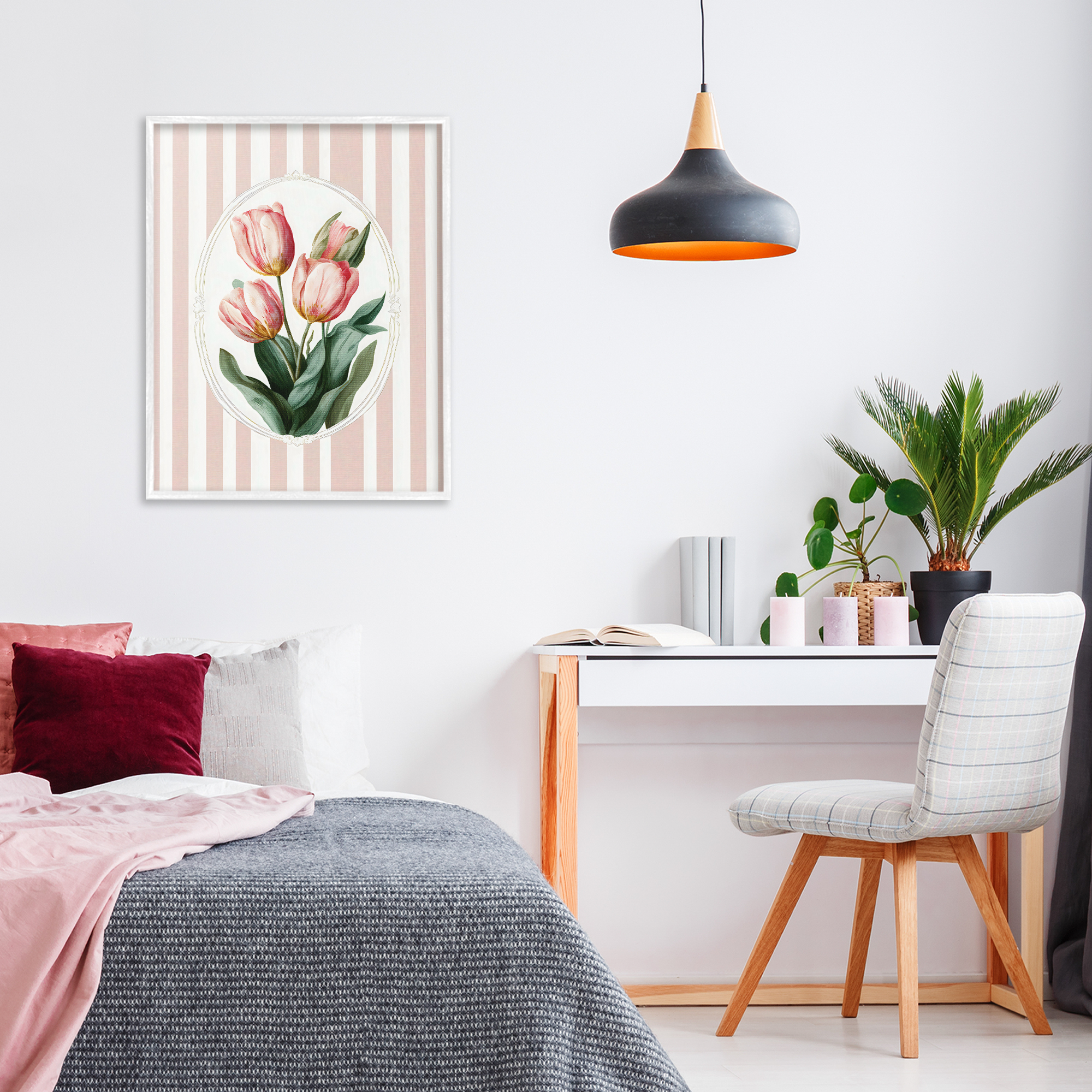 Stupell Industries Vintage Tulips on Stripes White Framed Giclee Art, design by Ink Drop Loft