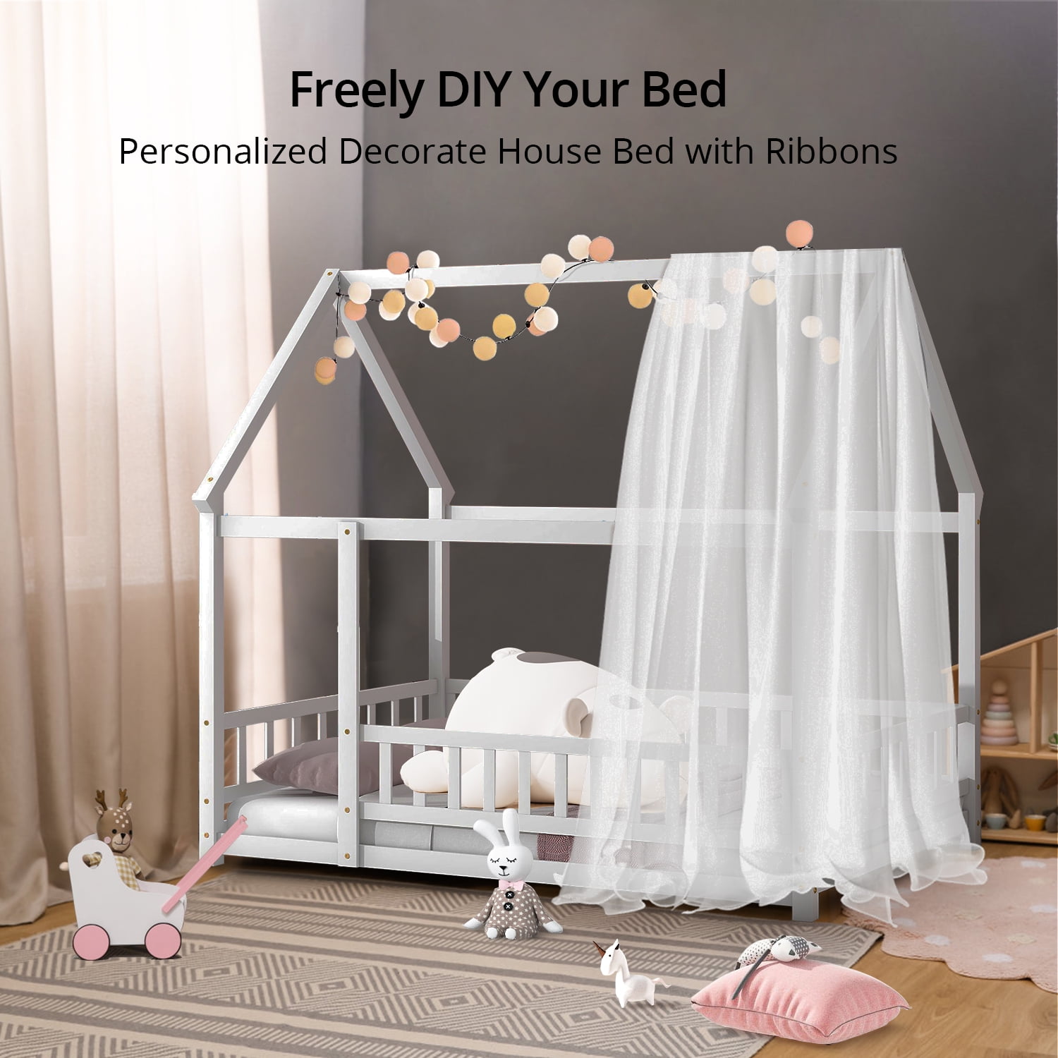 Full Size House Floor Bed with Roof, Wooden Floor Bed Frame with Door Frame and Safety Fence, Montessori House Floor Bed for Boys and Girls, White