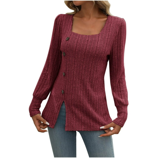 Timegard Tops for Women Long Sleeve Square Neck Split Button Blouses Casual Lightweight Comfy T Shirts