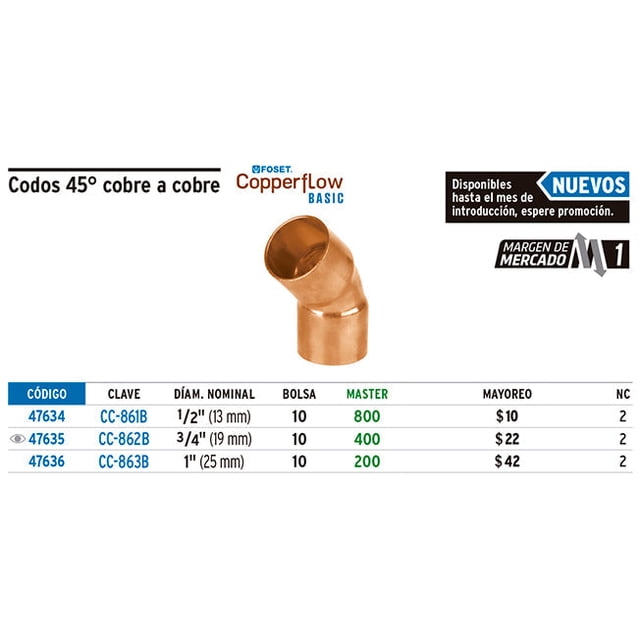 Codo de cobre 45°, 1/2', Basic Foset Codo de cobre 45°, 1/2', Basic