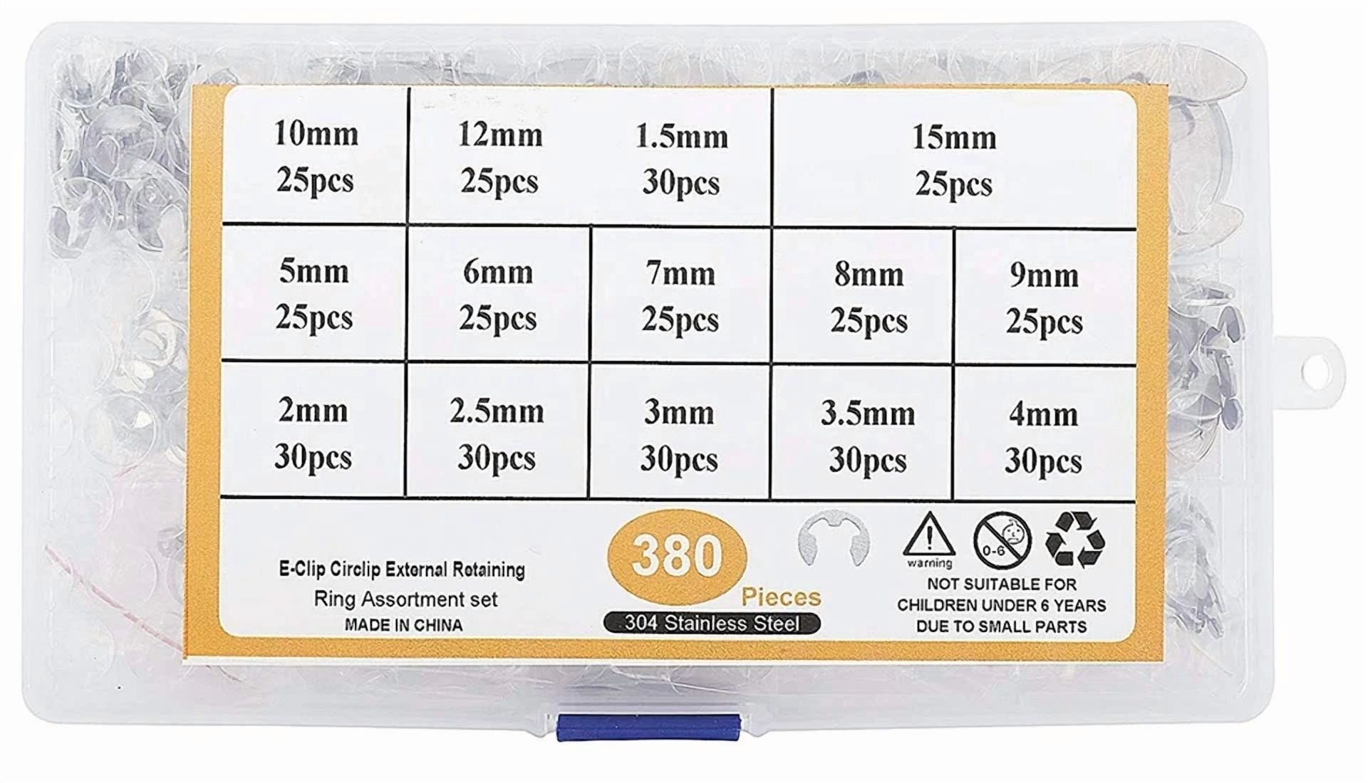 CIRCLE- 380Pcs Stainless E-Clip Circlip External Retaining Ring Assortment Set, 14 Sizes