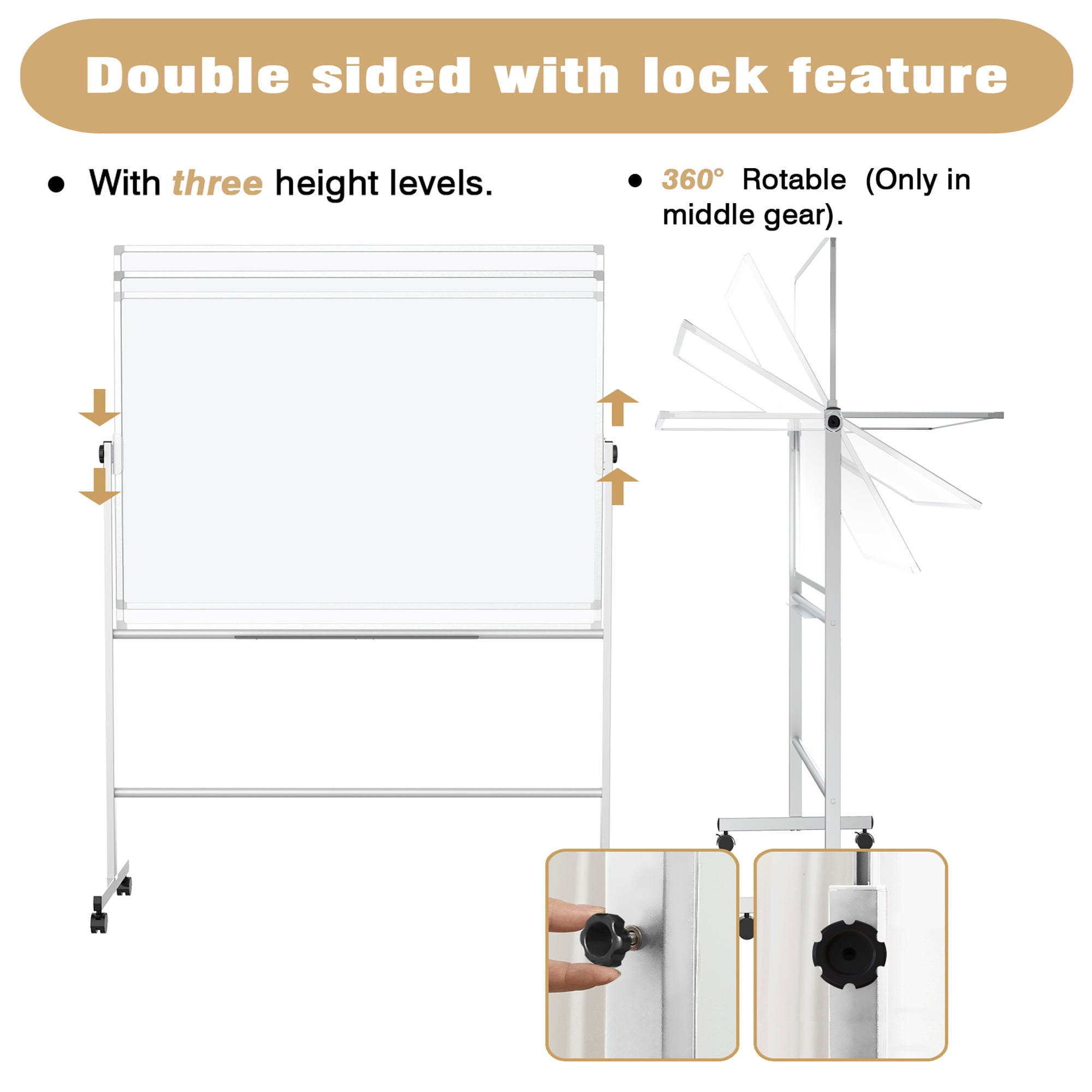 TOWON Double-Sided Mobile Whiteboard - 48"x36" Large Height Adjustable Magnetic Dry Erase Board on Wheels, 360° Rolling Office White Board Pizarra - Sliver