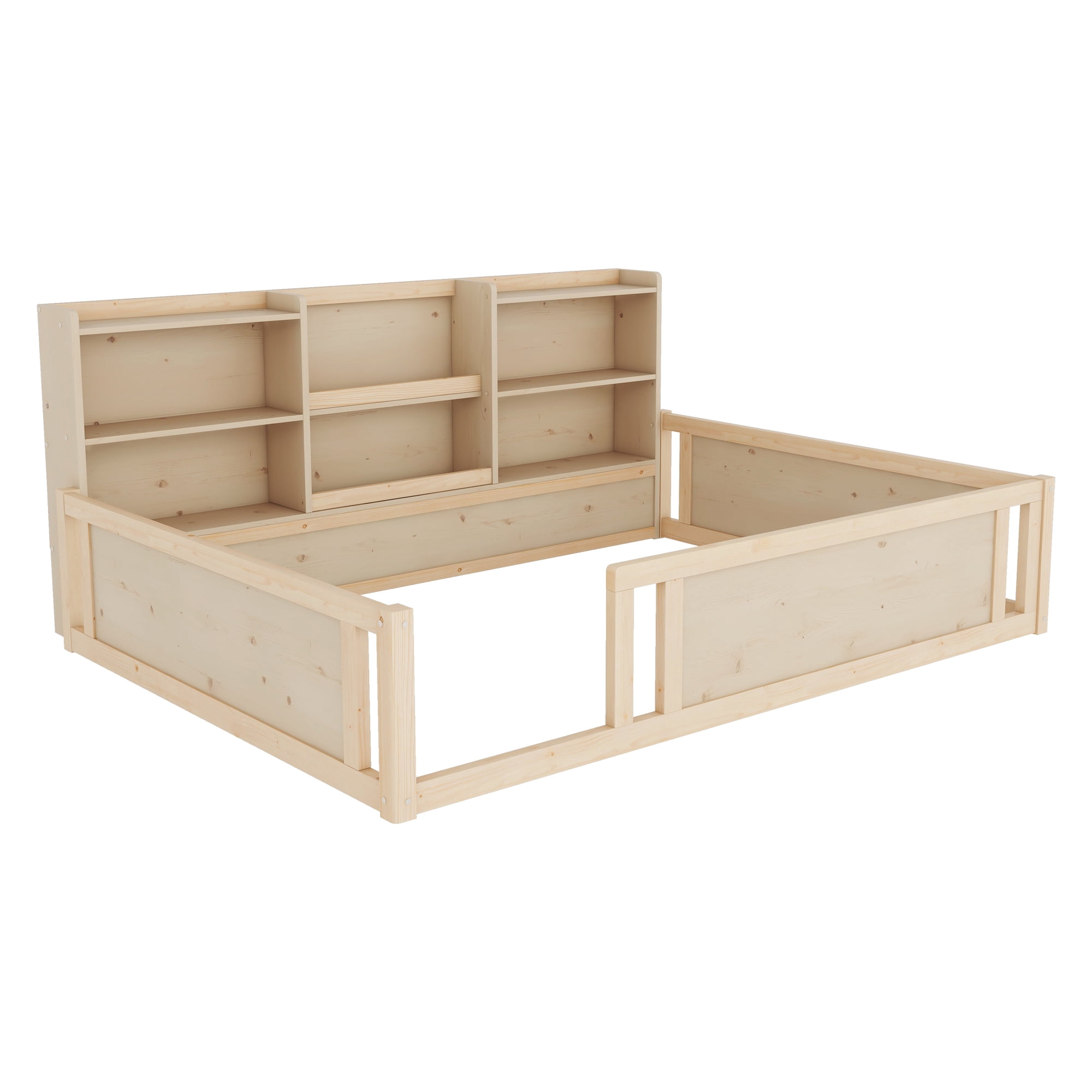 Mintazer Full Size Montessori Floor Bed with Bookcase Headboard & Guardrails, Kids Platform Bed Frame with 6 Cubby Storage Shelves for Bedroom, Natural