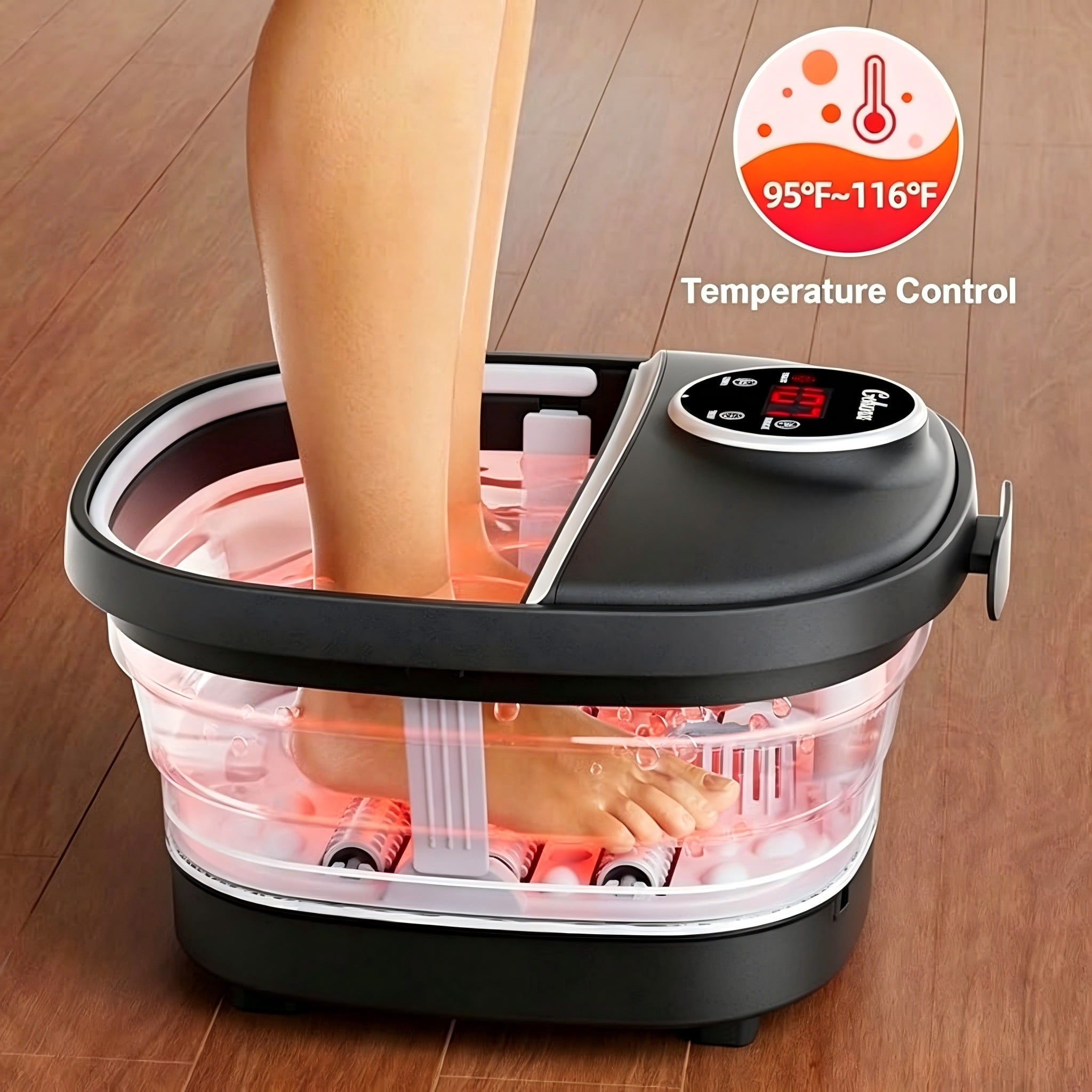 Gehana Foot Spa Massager with Heat and Bubbles - Digital Display, Collapsible Foot Bath with Massage Rollers, Temperature Control, Perfect for Foot Relaxation at Home