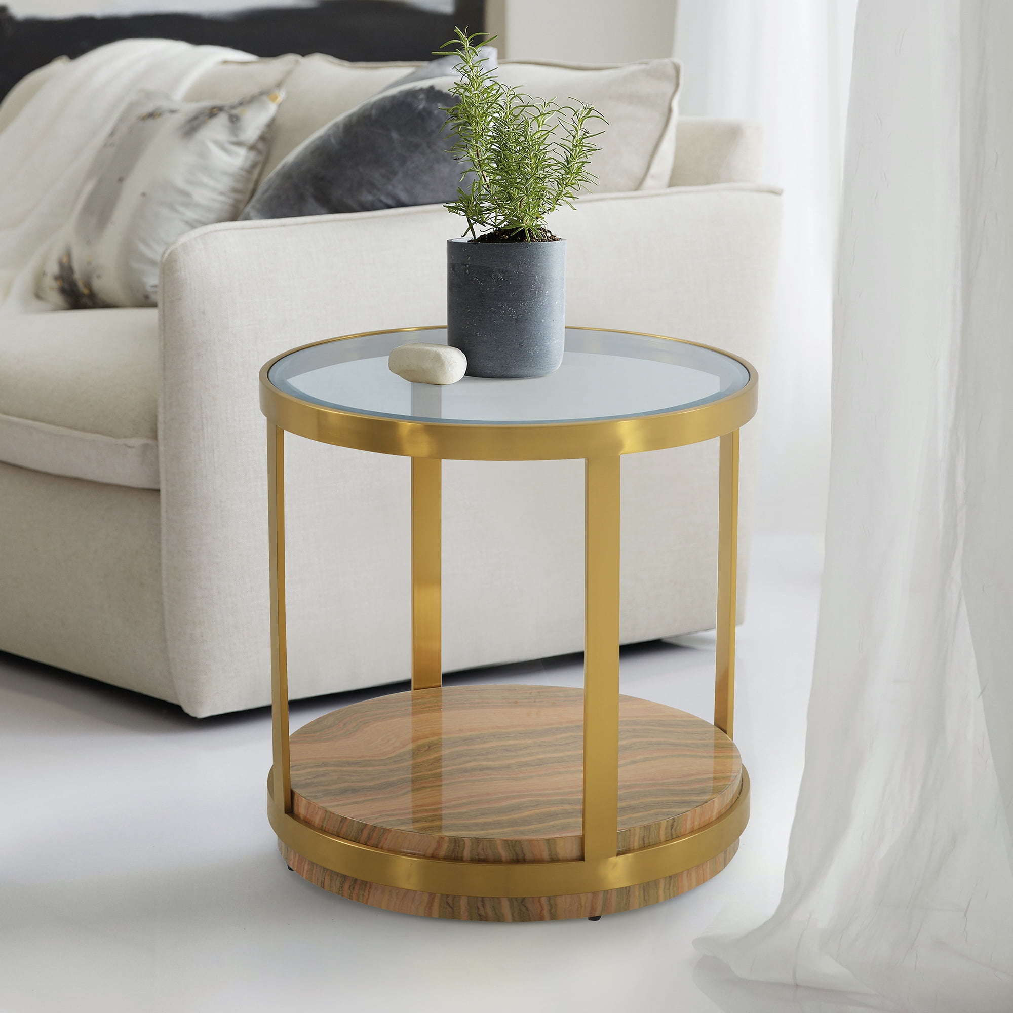 Mxfurhawa Round Coffee Table Gold Modren Accent Table Tempered Glass Side Table for Home Living Room Mirrored Top/Gold Frame