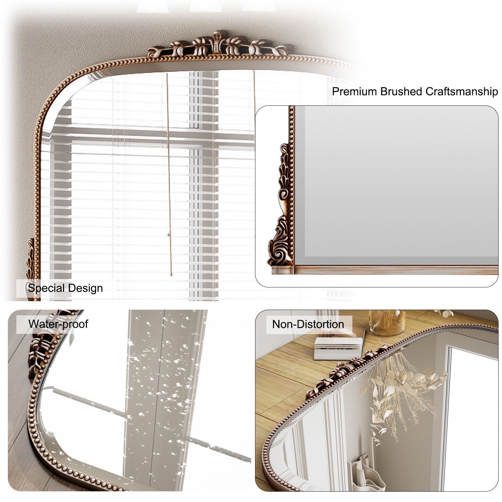 Puremirror 44"x32" Antique Arched Bathroom Mirror Wall Mounted Vintage Mirror, Silver