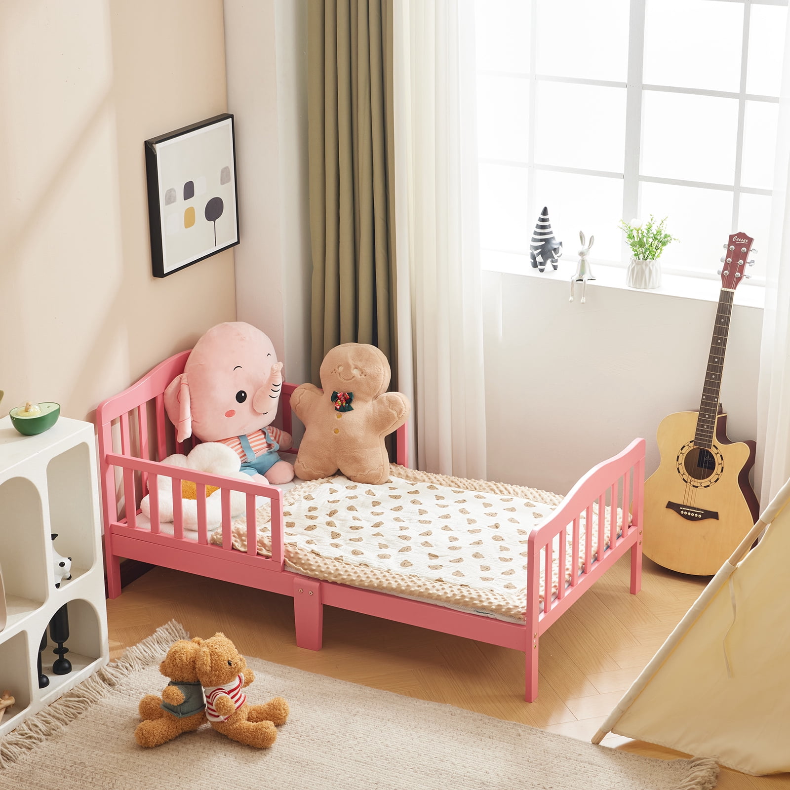Pink Solid Pine Wood Toddler Daybed with Dual Side Safety Rails Low Profile Kids Transition Bed for Girls Nursery Bedroom