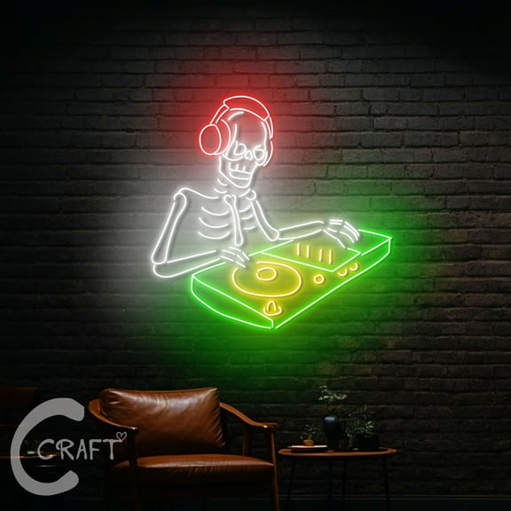 C-CRAFT Skeleton DJ Neon Led Light Up 27 inch for Music Party Home Bar Wall Decor