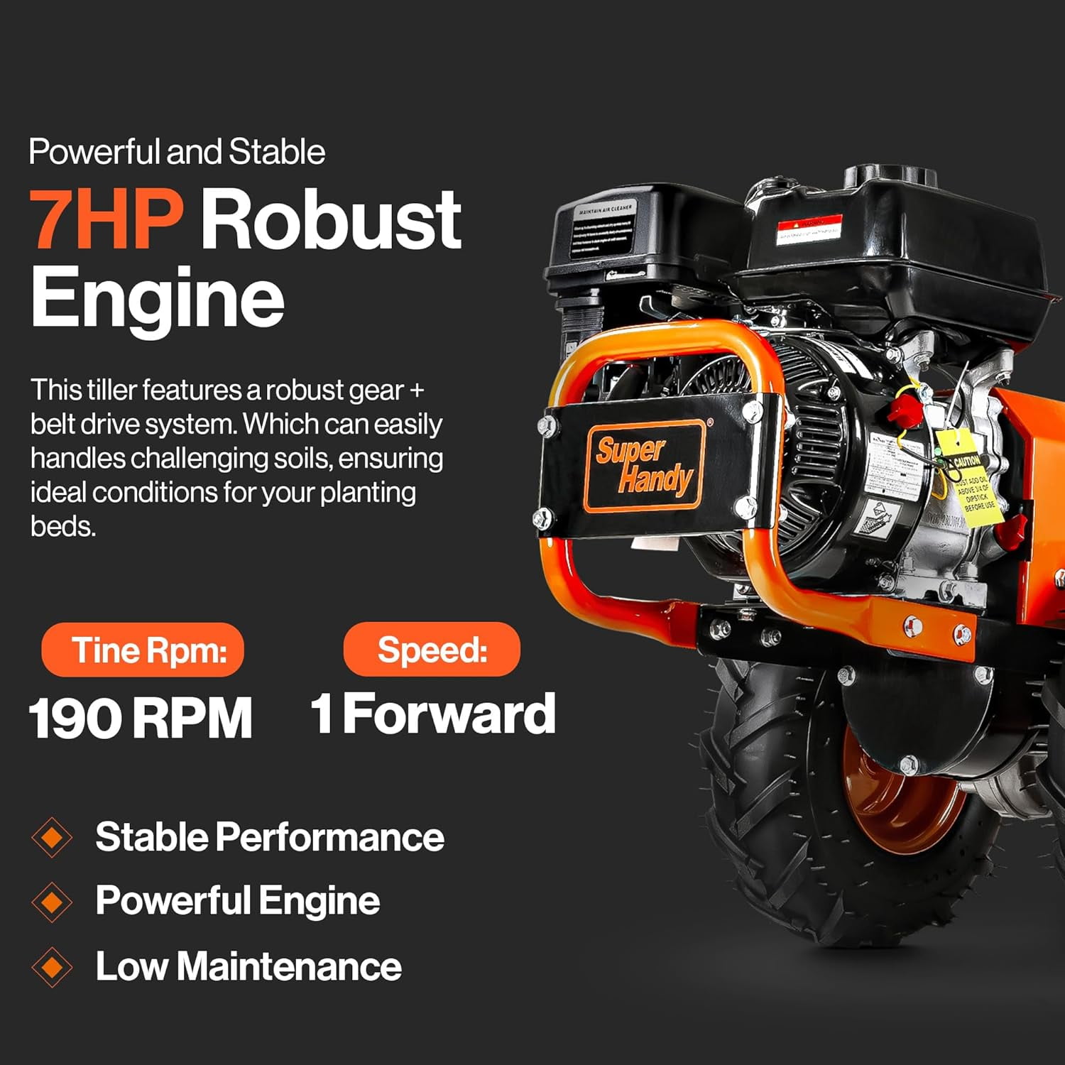 "SuperHandy ROTO 7HP Rear Tine Tiller - Heavy-Duty Garden Soil Cultivator, 16"" Tilling Width, 12"" Depth"