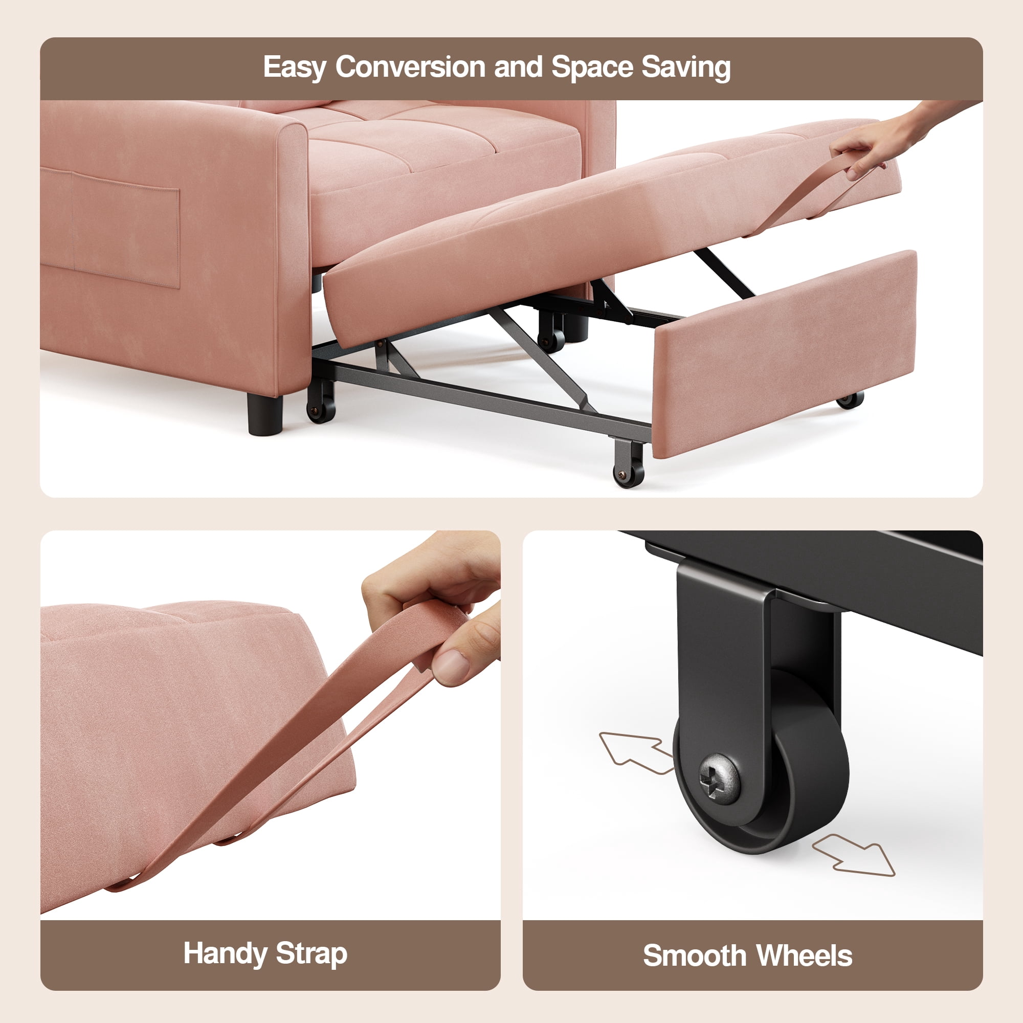 3-in-1 Convertible Sleeper Chair, Lightweight Foldable Sofa Bed for Small Spaces, Linen Upholstery, Pink