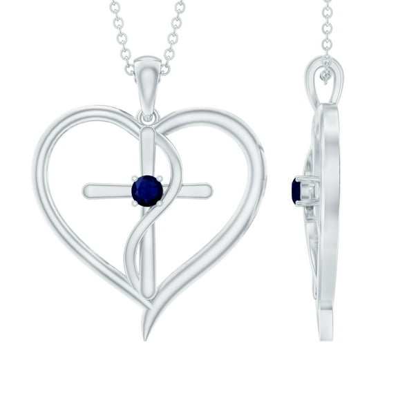 Rosec Jewels Natural Blue Sapphire Cross Heart Necklace for Women - AAA Quality - Ready to Gift for Christmas, 925 Sterling Silver