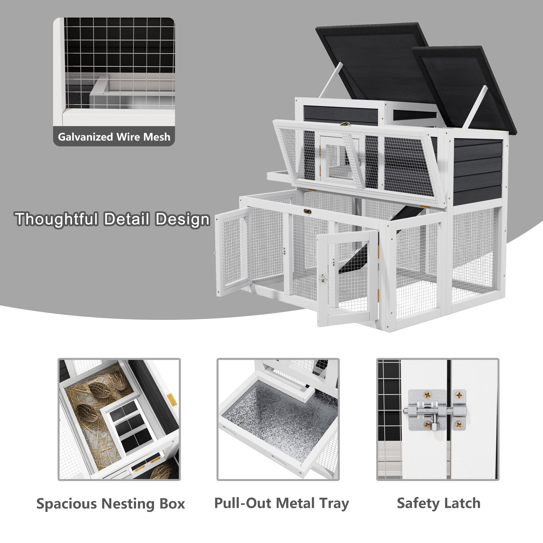 Outdoor 2-Tier 2-Room Quail Hutch with Brooder Box & Activity Area, Openable Asphalt Roof, Black with White