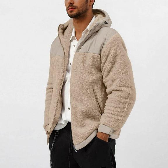 Fleece Jackets for Men with Zipper Pockets and Hooded Zip Up Sherpa Coats Mens Casual Solid Long Sleeve Thermal Warm Fall Winter Outerwear Jacket