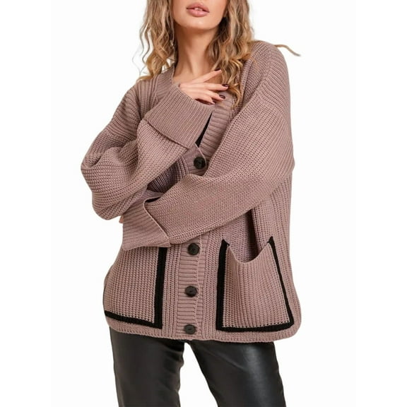 Women Chunky Knit Cardigan Sweater Long Sleeve V Neck Button Up Cardigan with Pocket for Fall and Winter Camel S