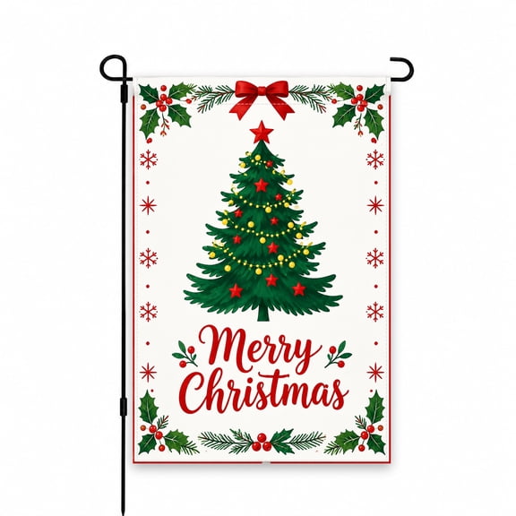 Christmas Tree Garden Flag 12x18 Inch - Festive Outdoor Decor for Yard, Lawn, or Patio - Merry Christmas Theme with Holly and Berries