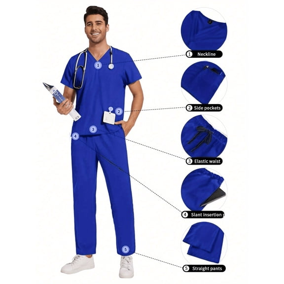 Pet Grooming and Nursing Scrubs Uniforms for Men: High Quality Hospital Work Clothes 2 Piece Set V Neck Top Pants